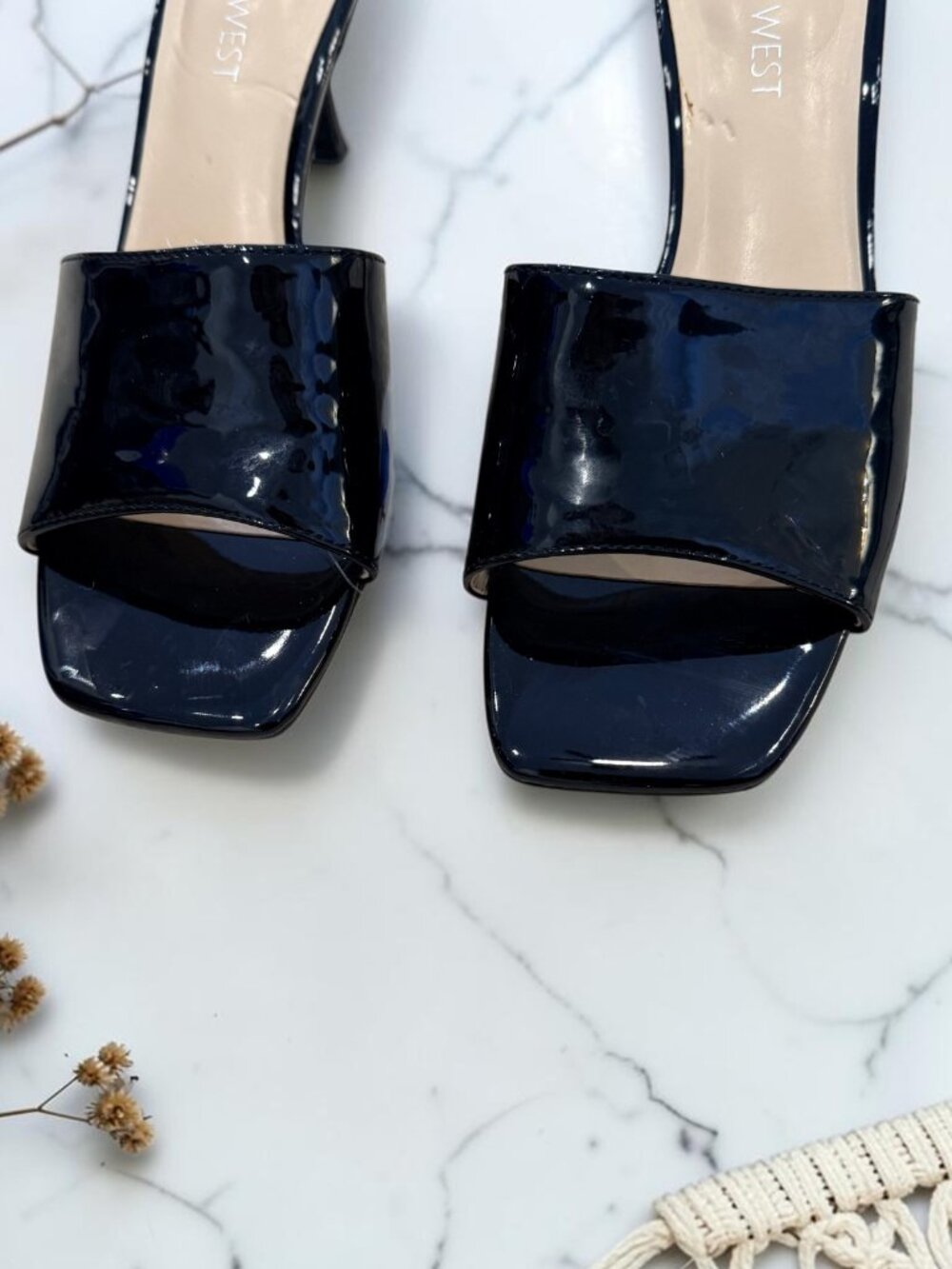 Nine West NWT WNDATIE Square Toe Black Patent Kitten Heel Mules Women's Size 7.5 - Picture 5 of 10